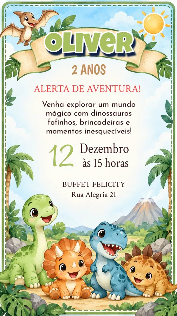 Convite Aniversário Dinossauro Vulcão Para Editar Online