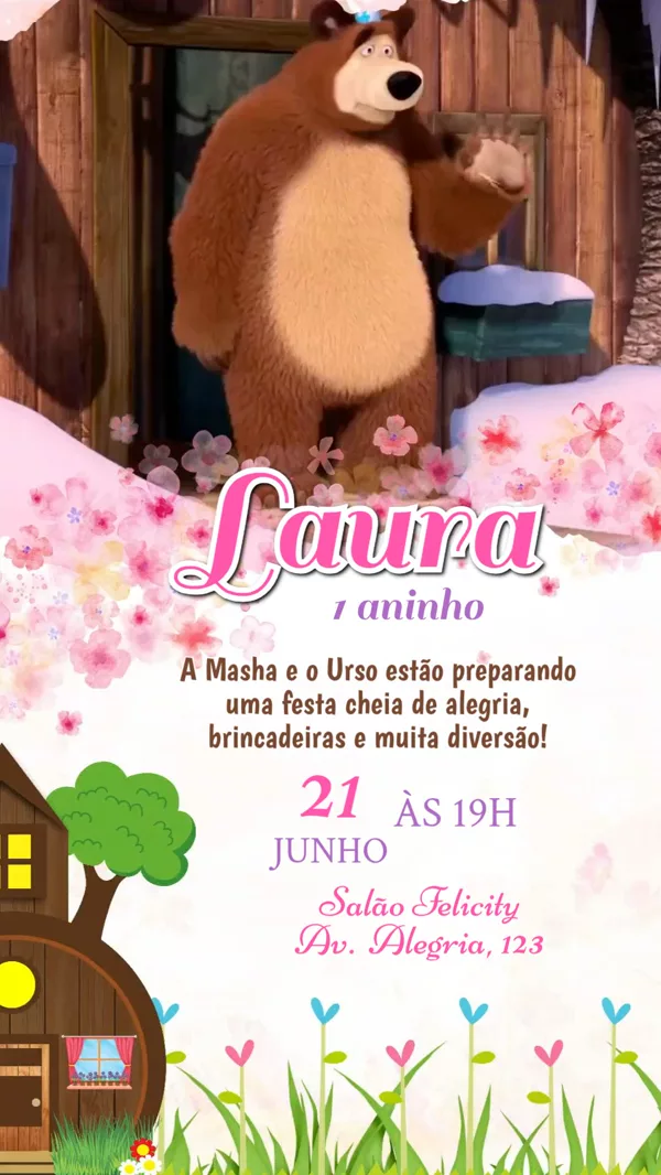 Convite Animado Aniversário Masha e o Urso Neve Para Editar Online