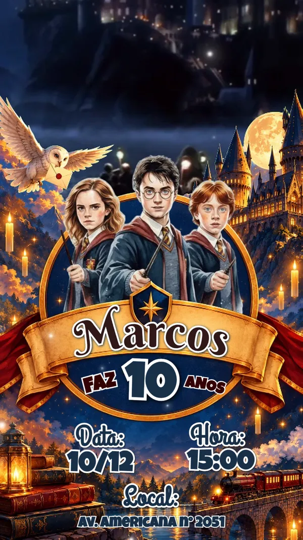 Convite Animado Aniversário Harry Potter Hogwarts Para Editar Online