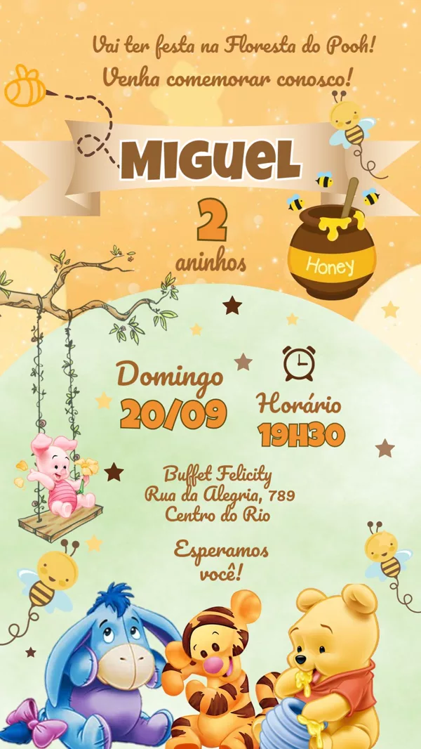 Convite Aniversário Ursinho Pooh Floresta Para Editar Online