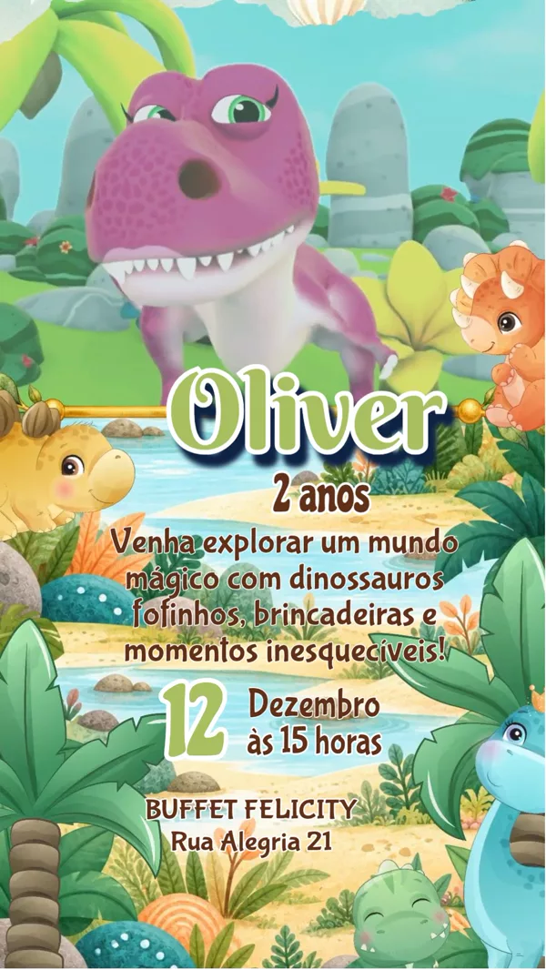 Convite Animado Aniversário Dinossauro Baby Lagoa Para Editar Online