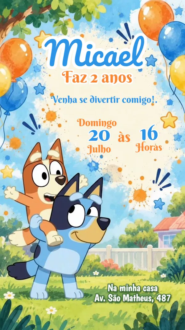 Convite Animado Aniversário Bluey e Bingo Para Editar Online