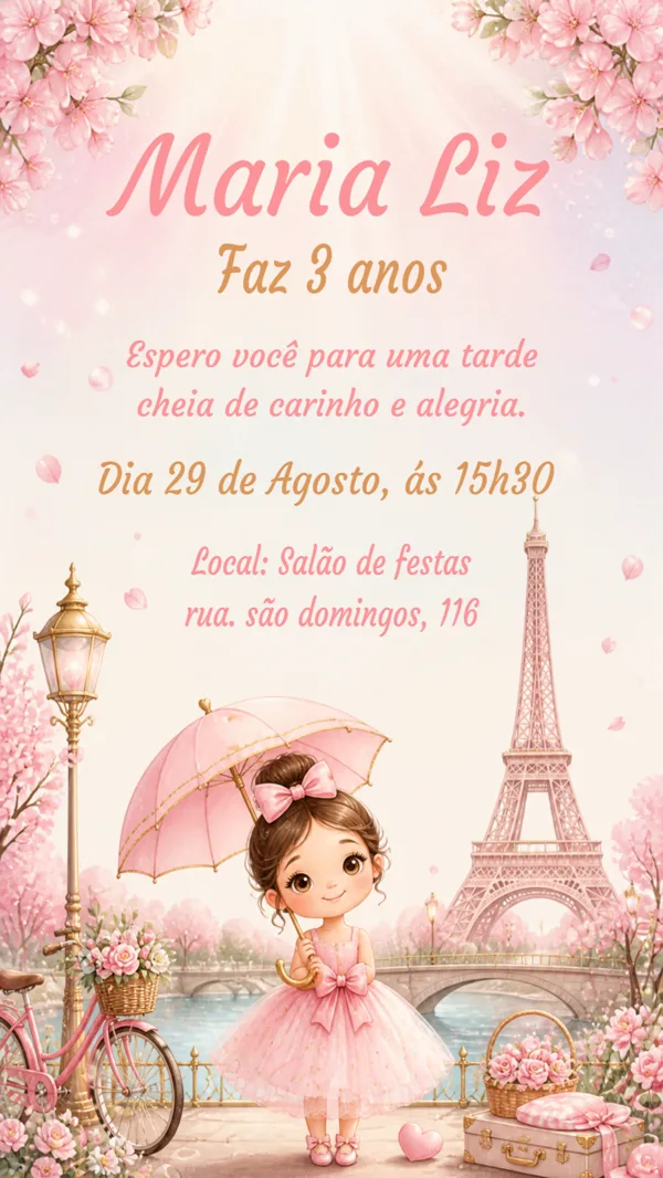 Convite Aniversário Menina Paris Floral Para Editar Online