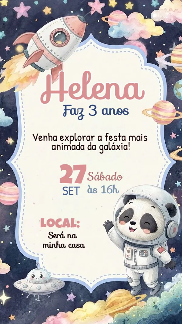 Convite Animado Aniversário Panda Astronauta Rosa Para Editar Online
