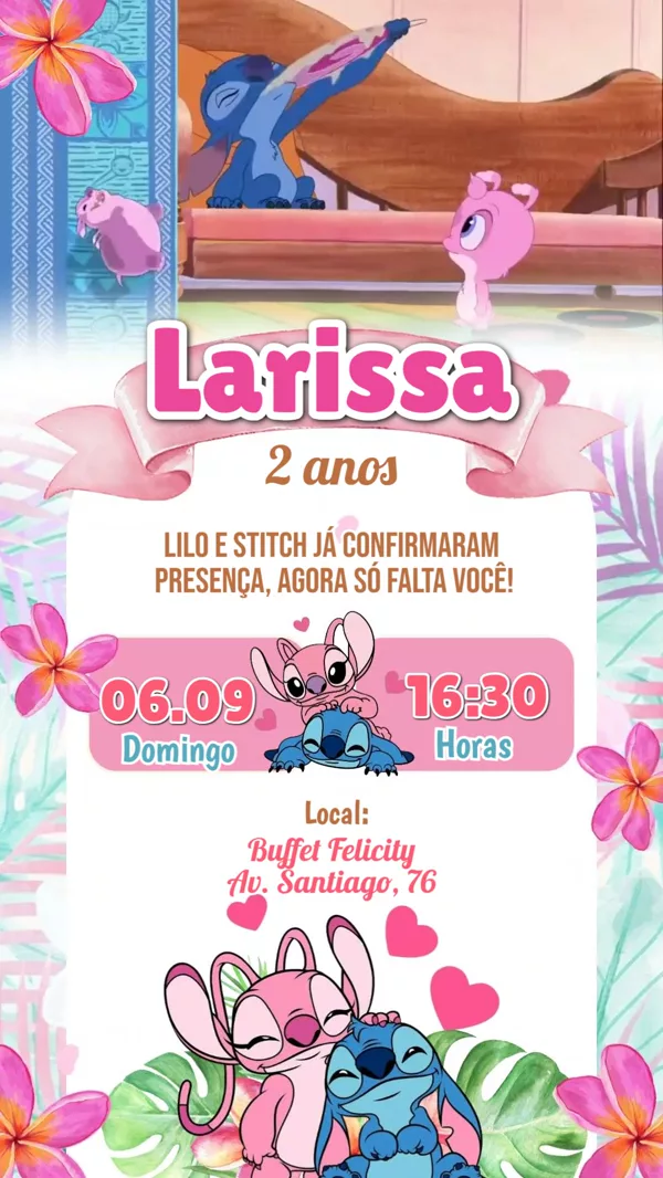 Convite Animado Aniversário Lilo e Angel Rosa Para Editar Online