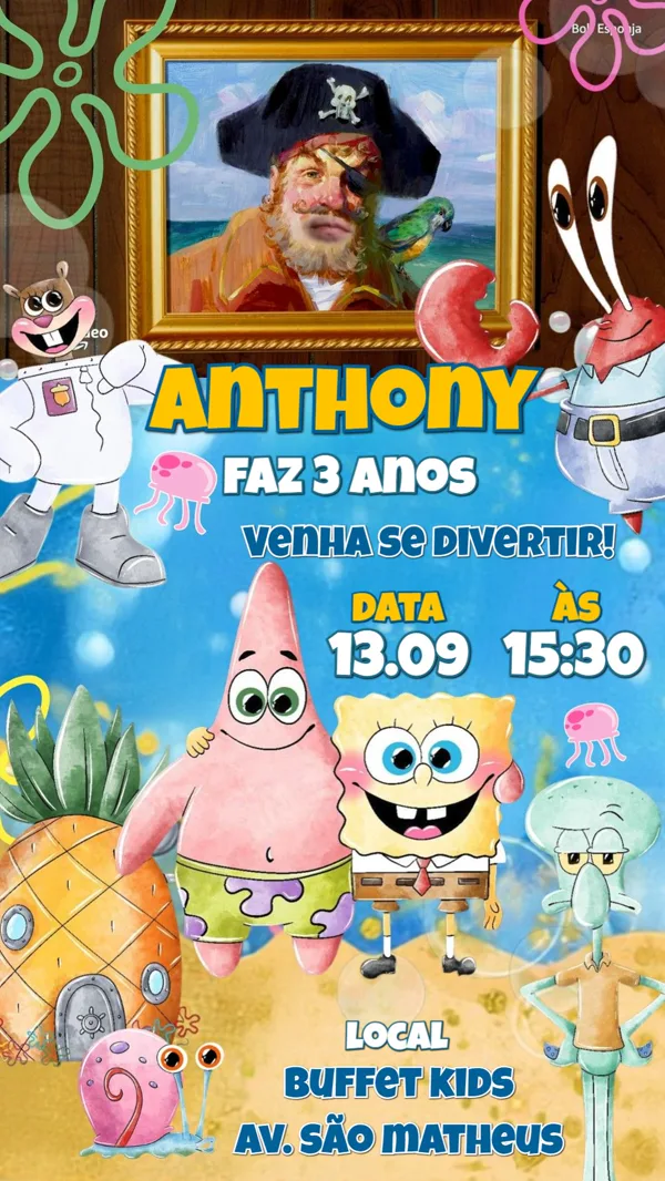 Convite Animado Aniversário Bob Esponja Para Editar Online