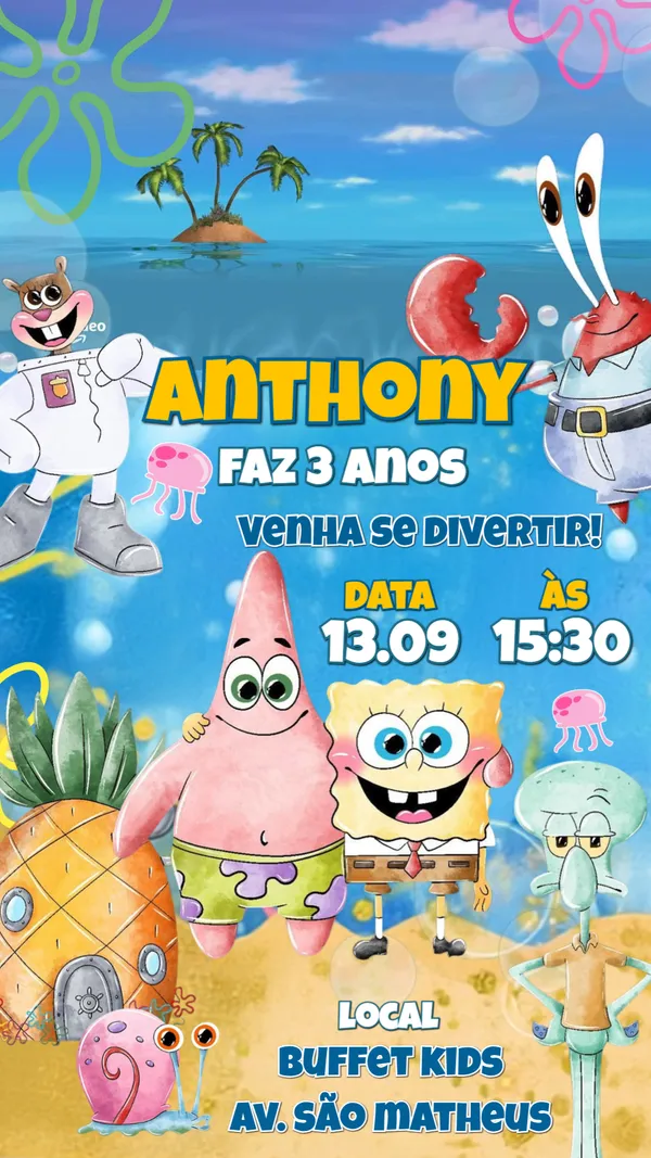 Convite Animado Aniversário Bob Esponja Para Editar Online