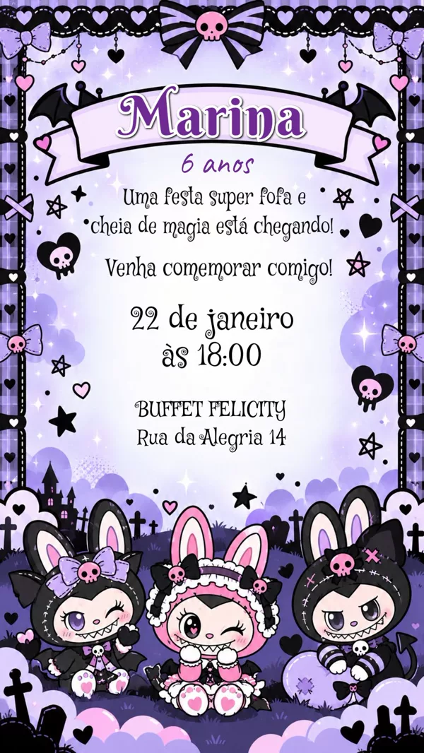 Convite Aniversário Kuromi Halloween Gótico Para Editar Online