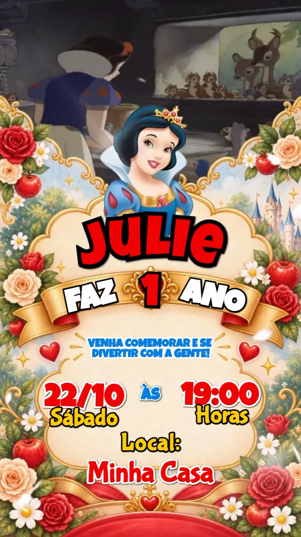 Convite Animado Aniversário Branca de Neve Para Editar Online
