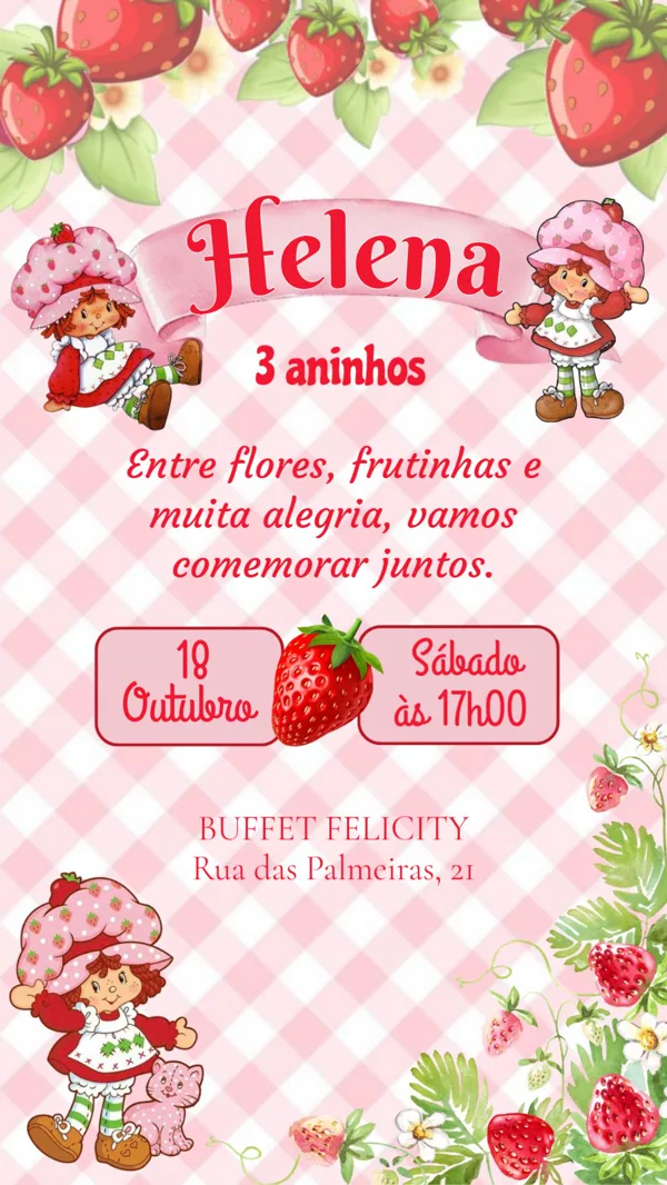 Convite Aniversário Moranguinho Xadrez Rosa Para Editar Online
