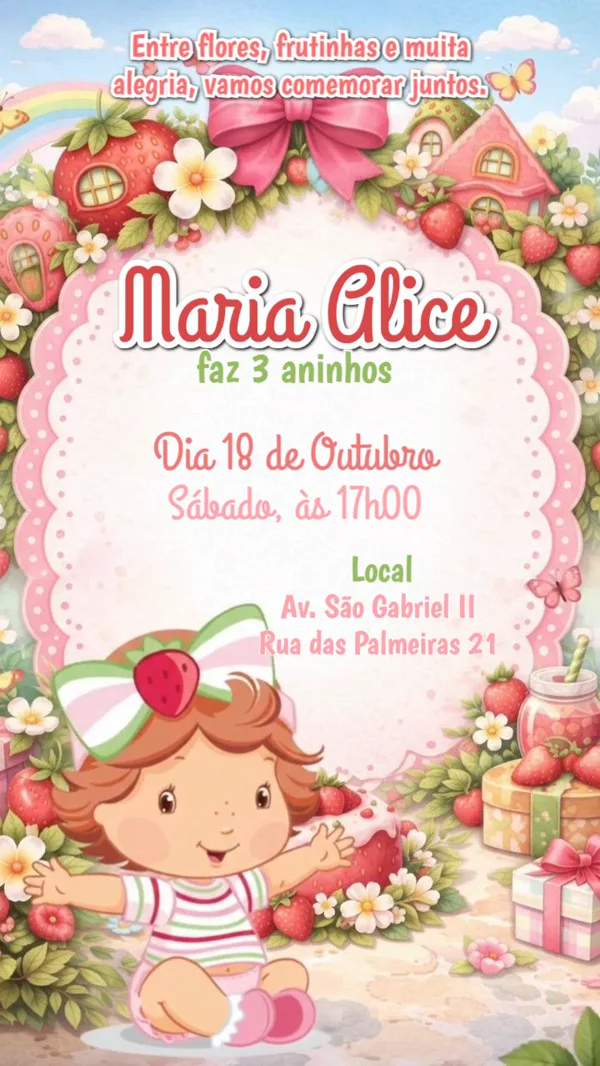 Convite Animado Aniversário Moranguinho Casinhas Para Editar Online