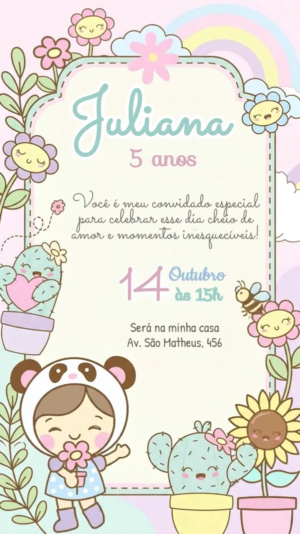 Convite Animado Aniversário Cactos Kawaii Pastel Para Editar Online
