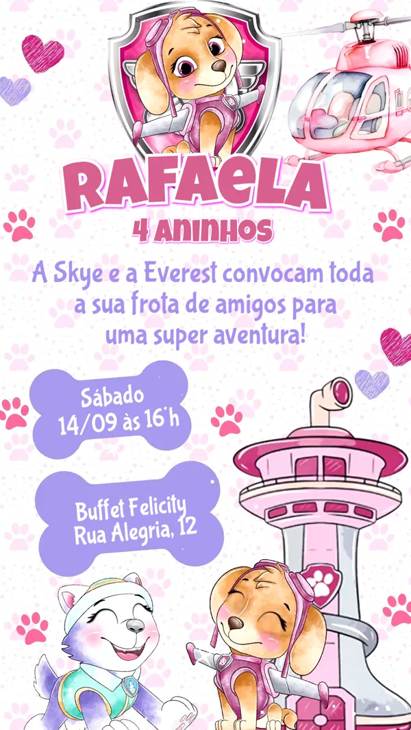 Convite Animado Aniversário Patrulha Skye Rosa Para Editar Online