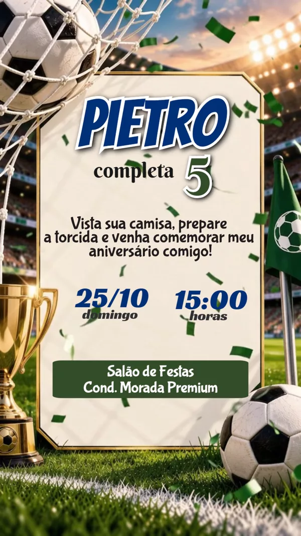 Convite Animado Aniversário Futebol Taça Dourada Para Editar Online