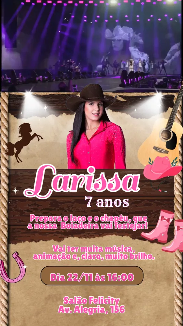 Convite Animado Aniversário Boiadeira Rosa Para Editar Online