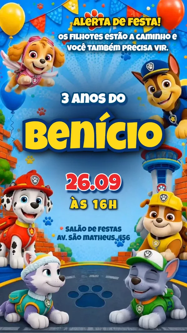Convite Animado Aniversário Patrulha Canina Torre Para Editar Online