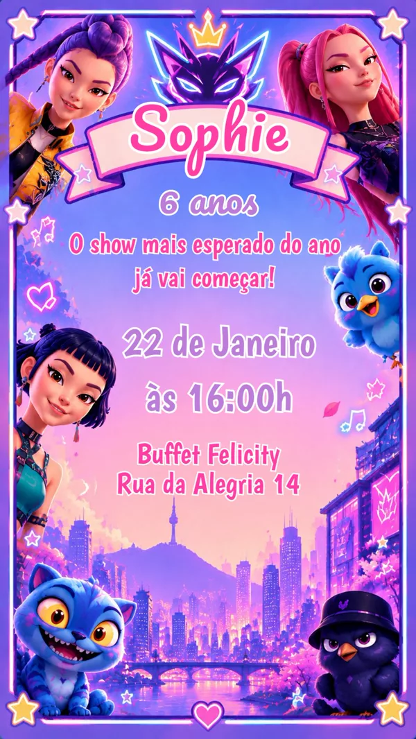 Convite Aniversário Guerreiras do K-Pop Para Editar Online