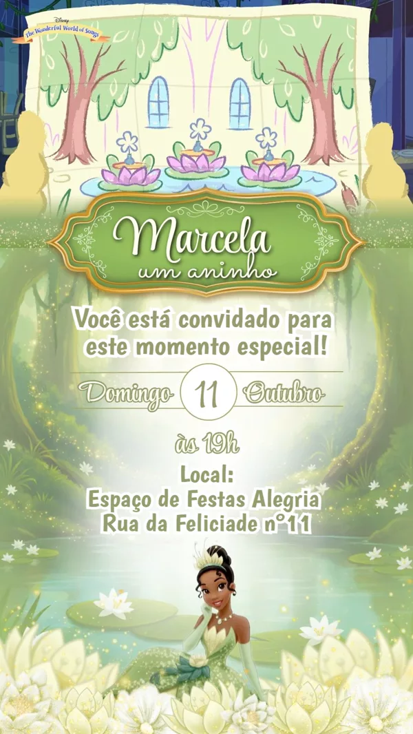 Convite Animado Aniversário Princesa Tiana Para Editar Online