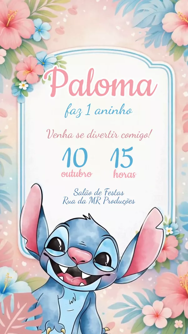 Convite Animado Aniversário Stitch Rosa e Azul Para Editar Online