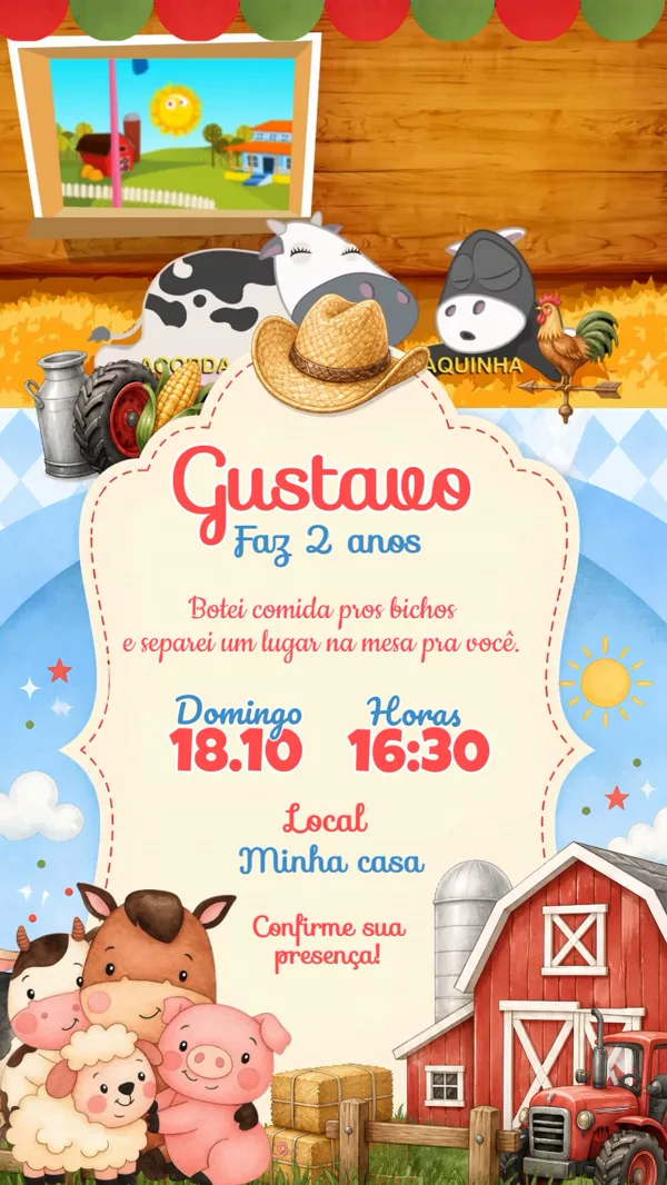 Convite Animado Aniversário Fazendinha Celeiro Para Editar Online