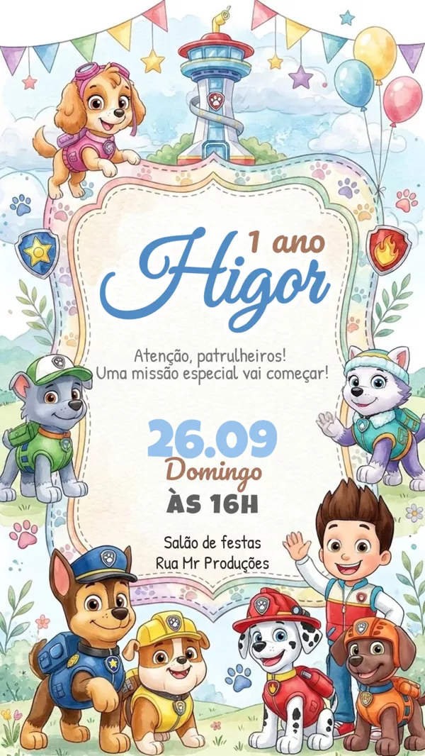 Convite Animado Aniversário Patrulha Canina Para Editar Online