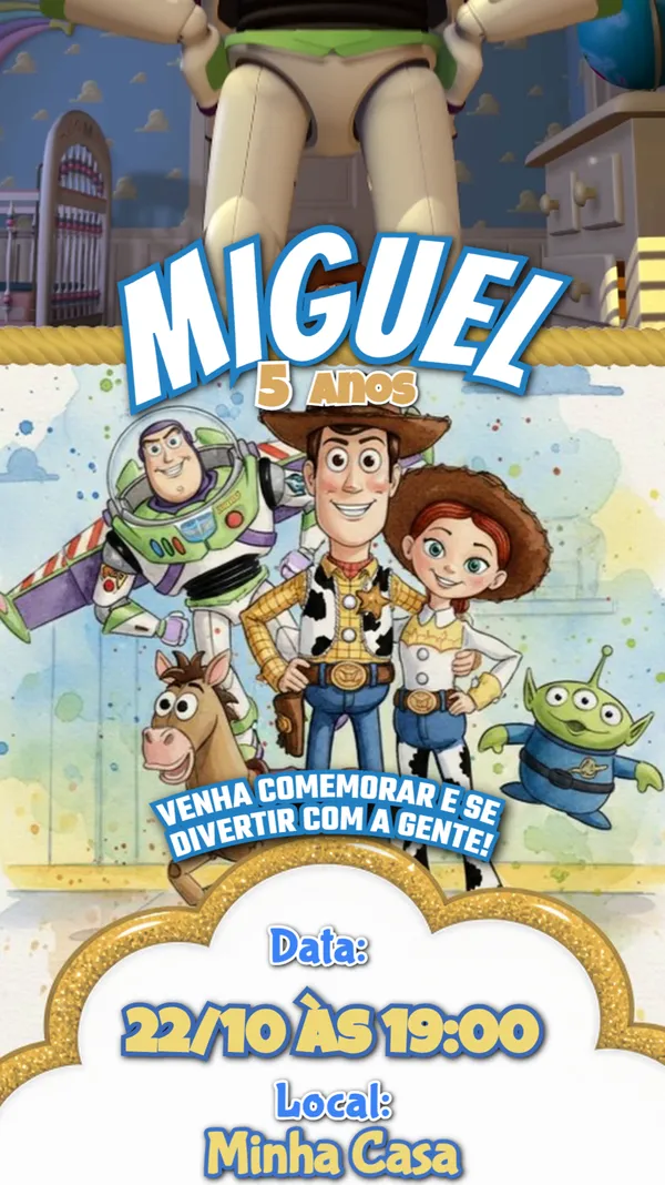 Convite Animado Aniversário Toy Story Aquarela Para Editar Online