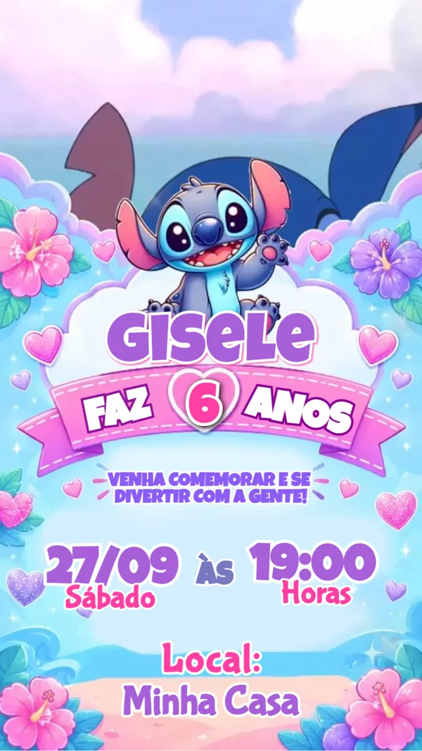 Convite Animado Aniversário Stitch Fofo Para Editar Online
