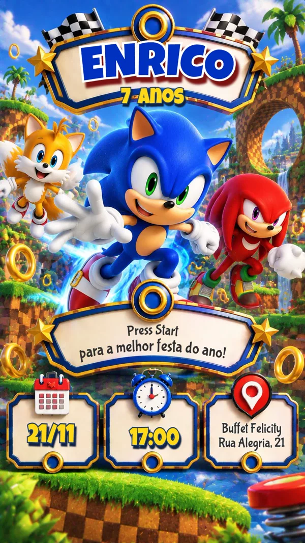 Convite Aniversário Sonic Corrida Para Editar Online