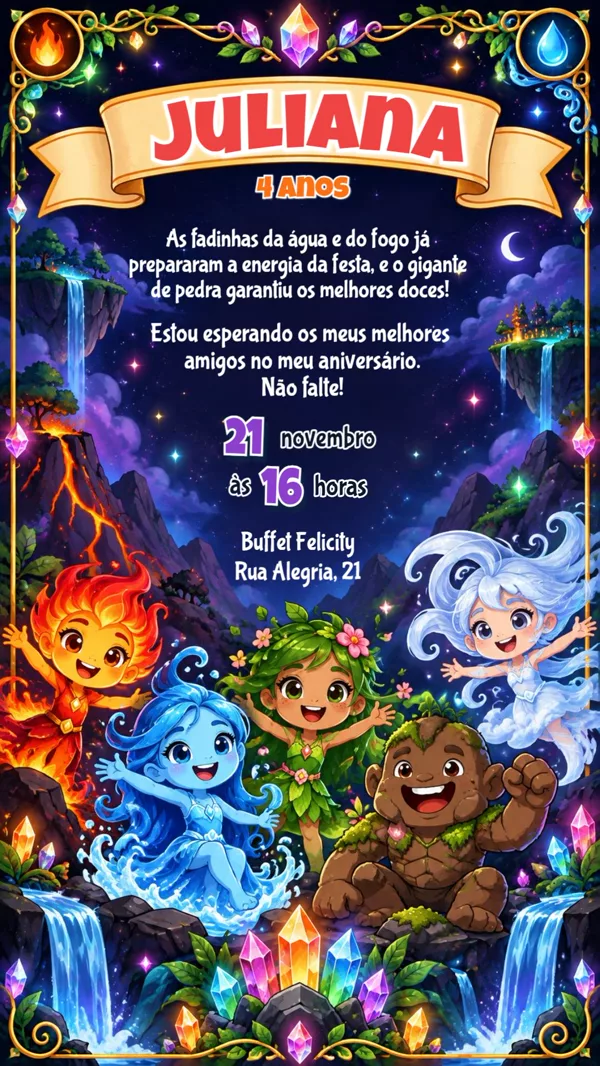 Convite Aniversário Fadinhas Elementais Cristais Para Editar Online
