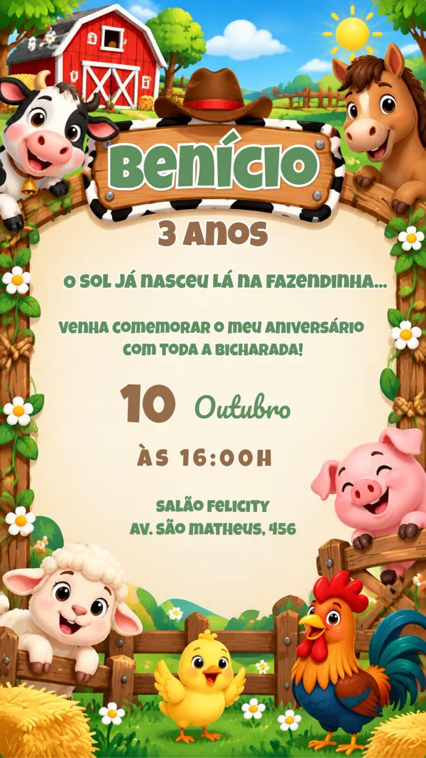 Convite Aniversário Fazendinha Para Editar Online