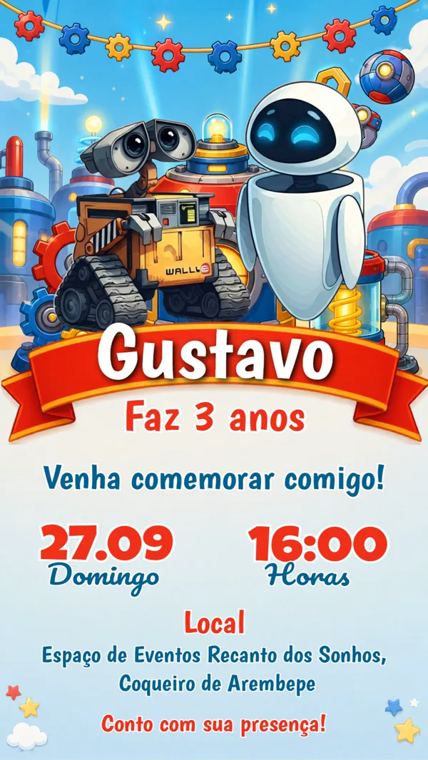 Convite Aniversário WALL-E e Eve Para Editar Online