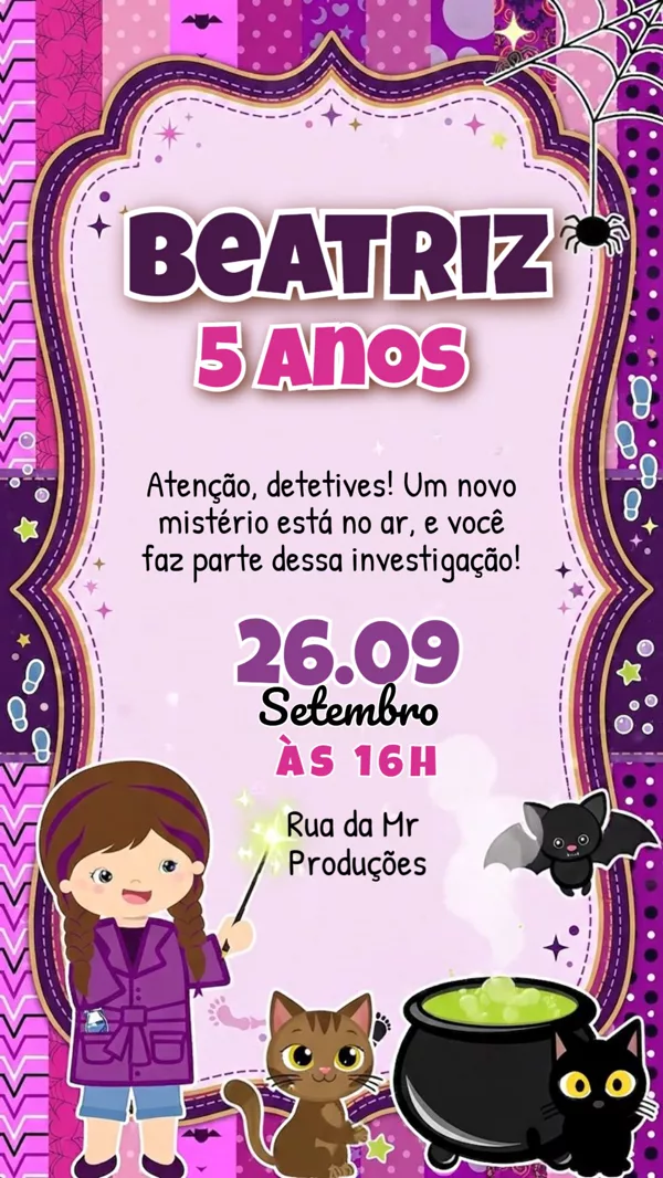 Convite Animado Aniversário Bruxa Menina Roxo Para Editar Online