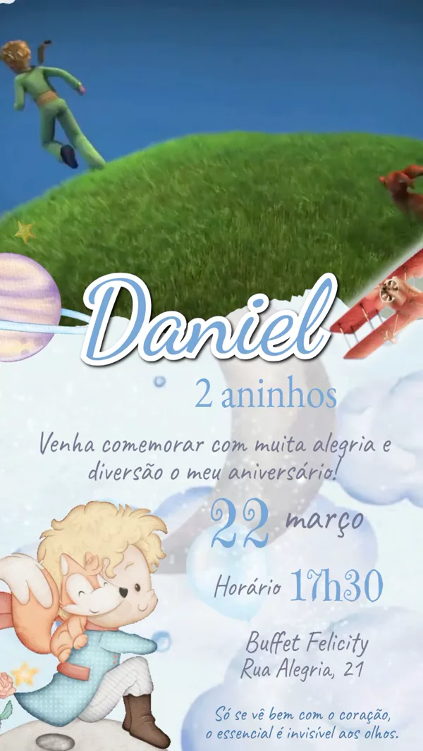 Convite Animado Aniversário Pequeno Príncipe Azul Para Editar Online