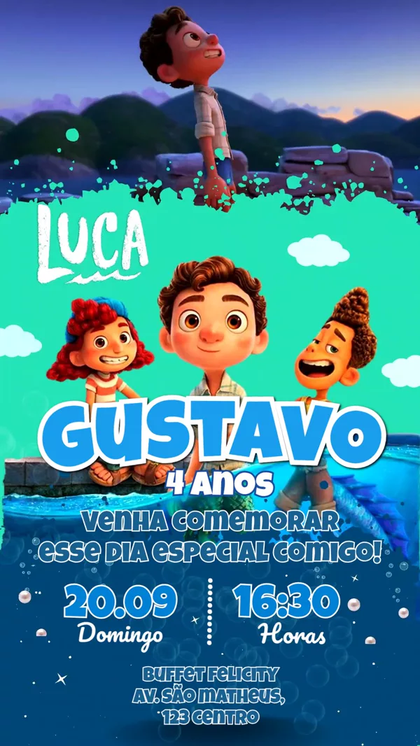 Convite Animado Aniversário Luca Pixar Praia Para Editar Online