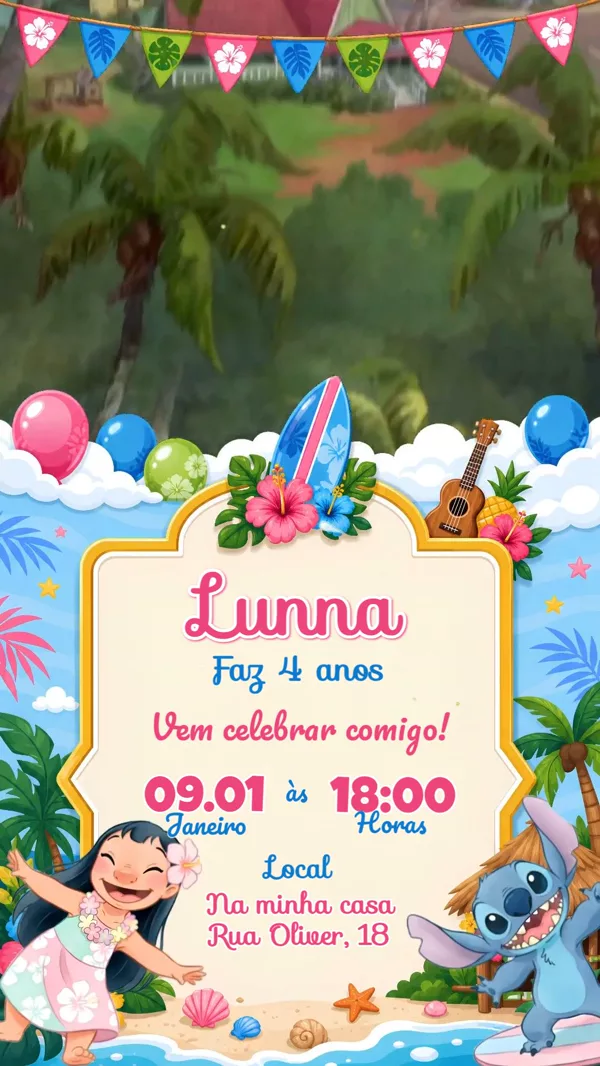 Convite Animado Aniversário Lilo e Stitch Azul Para Editar Online