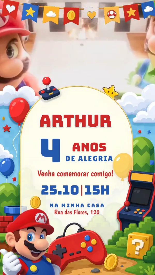 Convite Animado Aniversário Super Mario Festa Game Para Editar Online