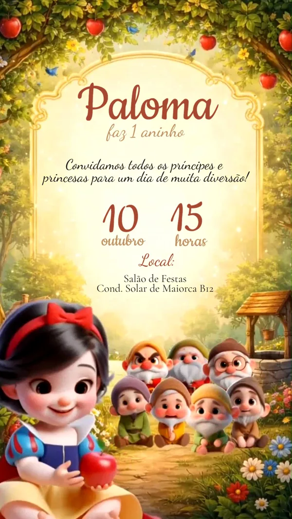 Convite Animado Aniversário Branca de Neve Baby Para Editar Online