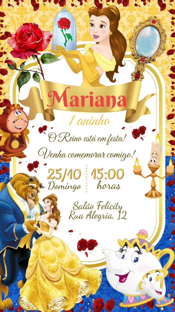 Convite Aniversário A Bela e a Fera Para Editar Online