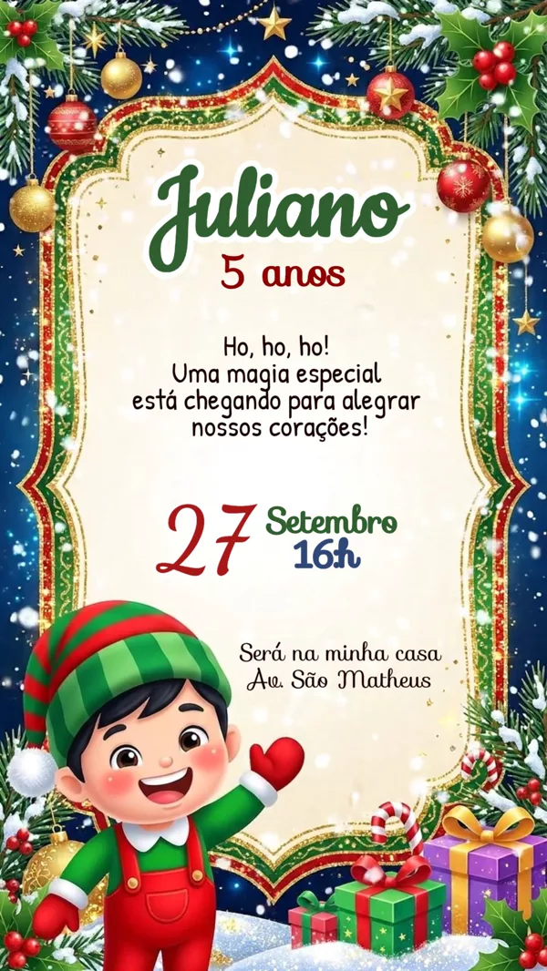 Convite Animado Aniversário Natal Duende Verde e Para Editar Online