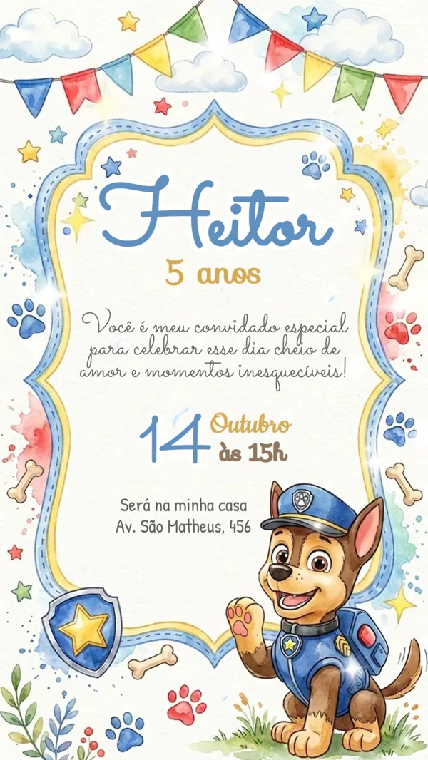 Convite Animado Aniversário Patrulha Aquarela Para Editar Online