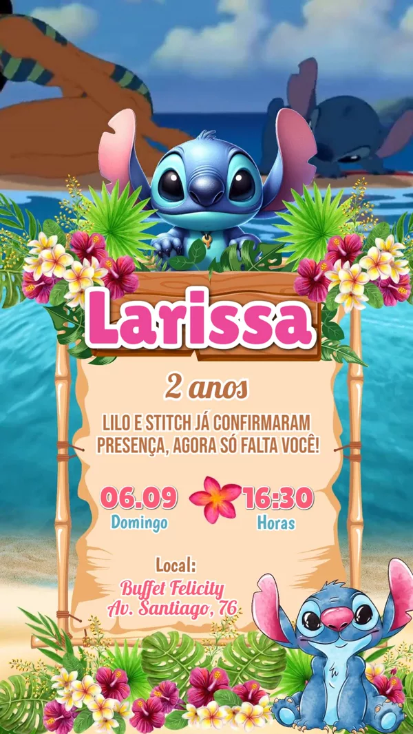 Convite Animado Aniversário Stitch Havaí Para Editar Online