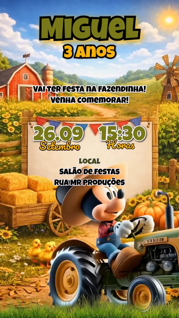 Convite Animado Aniversário Fazendinha do Mickey Para Editar Online
