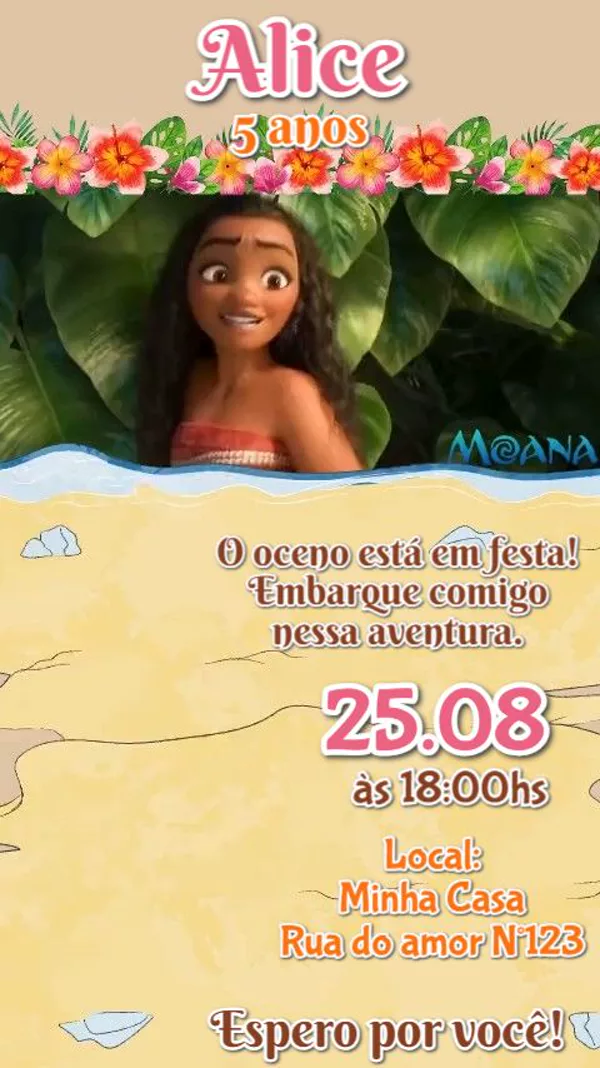 Convite Animado Aniversário Moana Praiana Para Editar Online