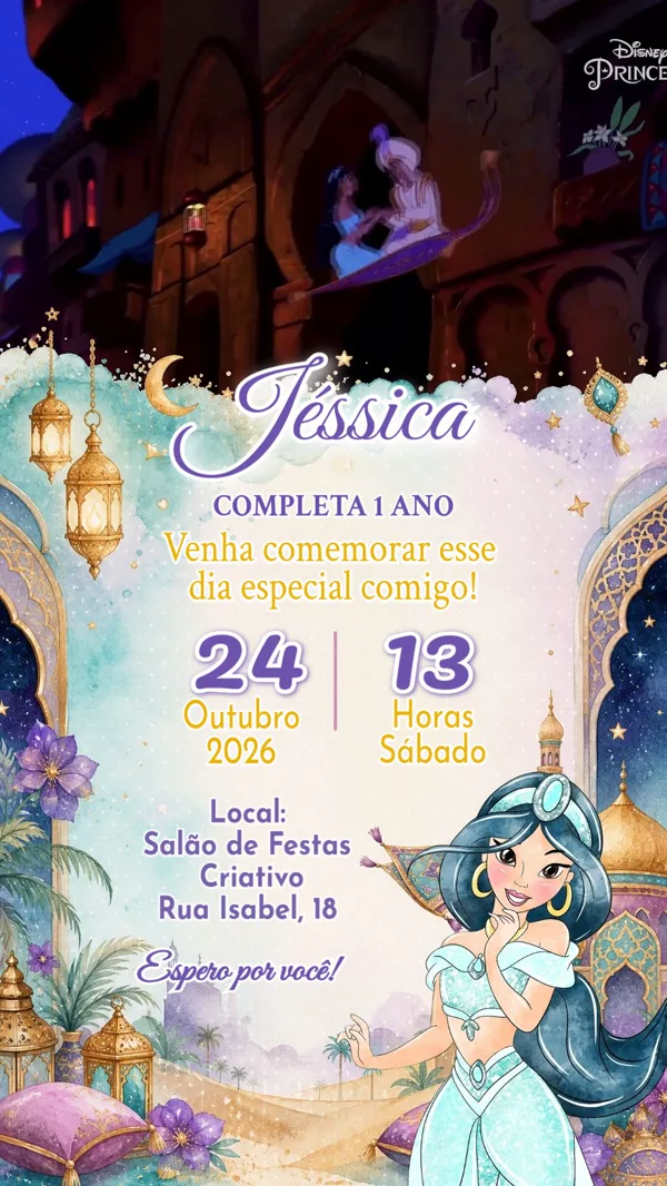 Convite Animado Aniversário Princesa Jasmine Para Editar Online