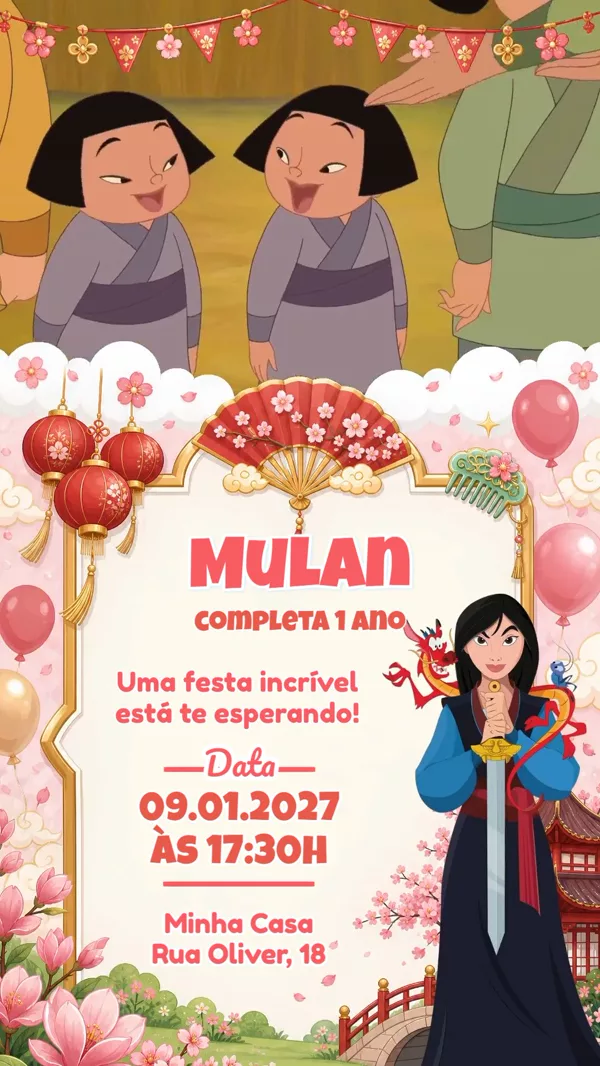 Convite Animado Aniversário Mulan Lanternas Para Editar Online