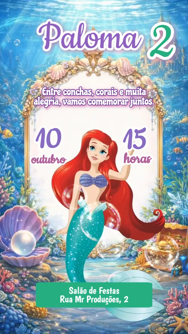Convite Animado Aniversário Pequena Sereia do Mar Para Editar Online