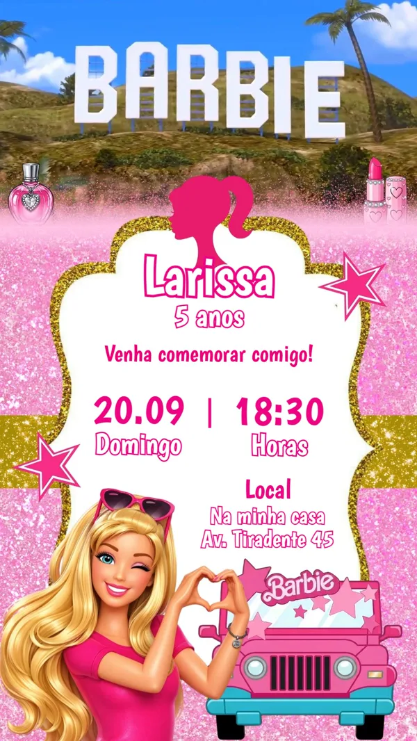 Convite Animado Barbie Carro Rosa Para Editar Online