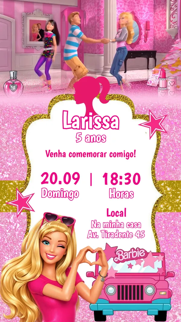 Convite Animado Barbie Carro Rosa Para Editar Online