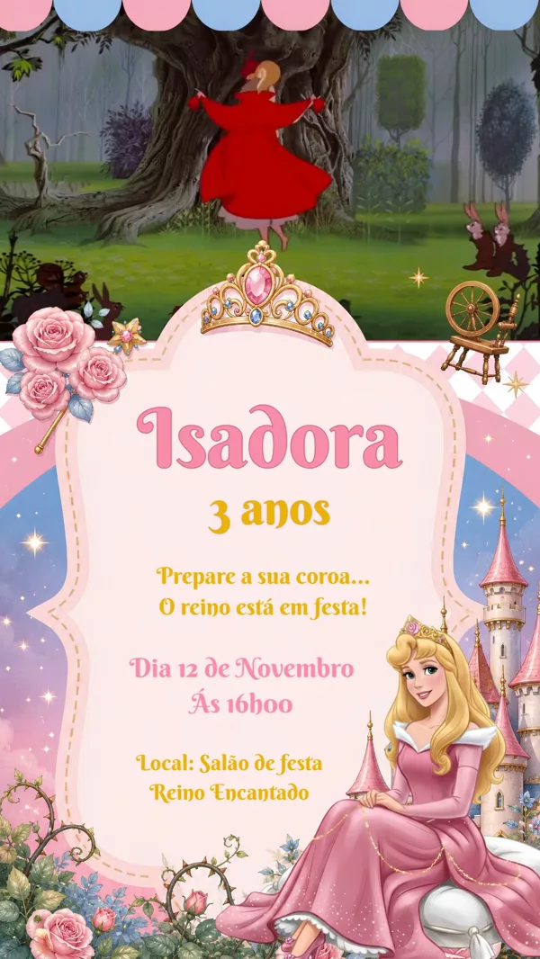 Convite Animado Aniversário Princesa Aurora Rosa Para Editar Online