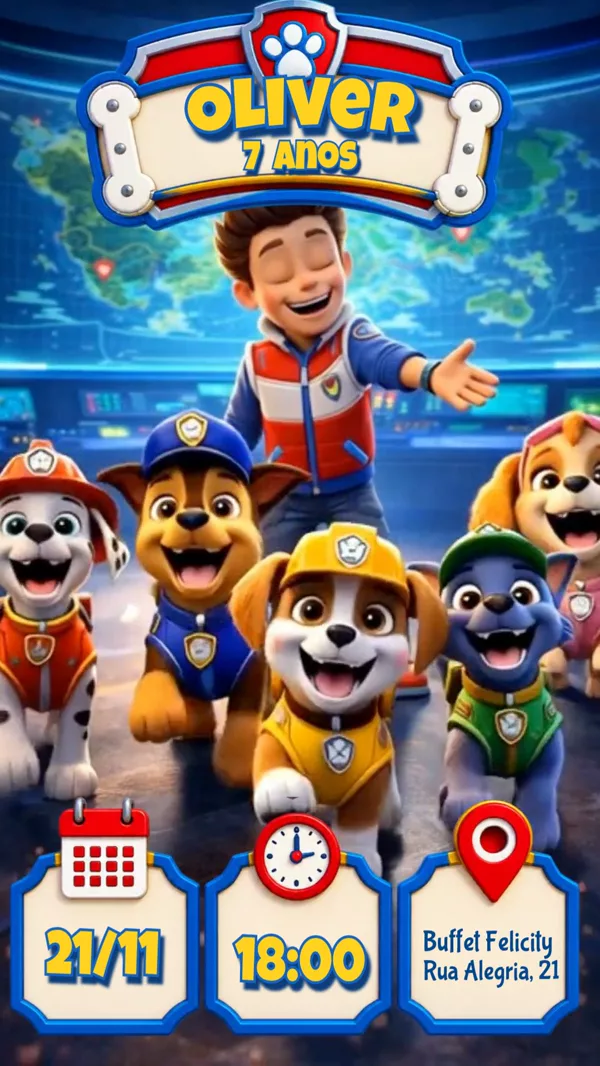 Convite Animado Aniversário Patrulha Canina Para Editar Online